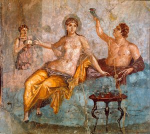 Romersk kunst: bankettscene, en ung mann og en kurtisane (en bankett i det gamle Roma, en ung mann og en kurtisane) Romersk freskomaleri av 4. Pompeiansk stil fra stedet til Ercolano (Herculanum eller Herculaneum) 60-80 e.Kr. Dim 65x66 cm Presentert på Nat av Roman