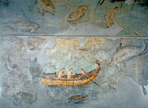 Romersk kunst: "" fiskere på en båt""" Fresco fra et hus som ligger nær en elvehavn i Roma. 131 e.Kr. Roma, Museo Nazionale Romano (o delle Terme) av Roman