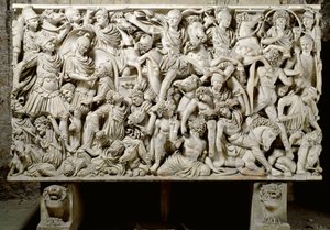 Romersk kunst: sarkofag Ludovisi med kampscene som motsetter romerne til barbarene - 3. århundre e.Kr., Dim. 153x273 cm - Roma, Museo Nazionale Romano - Ostiliano, sønn av keiser Decius (201-51 e.Kr.) omgitt av kavaleri, fra slaget mellom romerne og av Roman