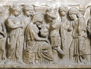 Romersk antikk: "" Tristheten til Phedrus i kjærlighet og frastøtt av Hippolyte"" Lavt relieff av sarkofag kalt "" Phedrus og Hyppolite"". 3. e.Kr. Palermo, Museo Archeologico Nazionale av Roman