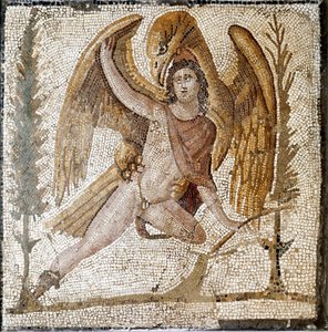 Romersk kunst: "" Ganymedes blir tatt bort av en ørn""" Mosaikk fra en villa i familien til keiser Septius Severe. Slutten av 2. århundre etter JC. Roma, Museo Nazionale Romano av Roman