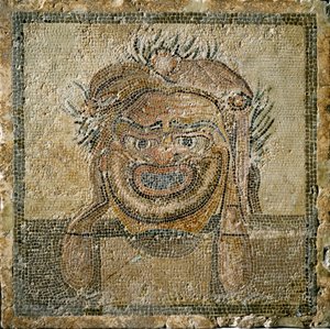 Romersk kunst: Romersk teatermaske. Mosaikk fra Ampurias (Empúries). 2. århundre e.Kr. Spania Empurias museum av Roman