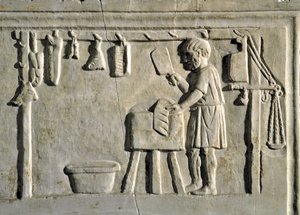 Romersk kunst: "" en slakter i butikken hans"" Bas-relieff, romersk sivilisasjon, 2. århundre e.Kr., Roma, Museo della Civilta Romana - Slakter arbeider i butikken hans - Steinrelieff, 2. århundre e.Kr. - Roma, Museo della Civilta Romana av Roman