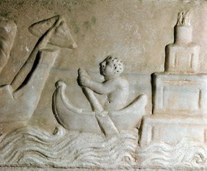 Romersk kunst: "" en sjømann som leder et skip i havnen i Ostia (Ostia), byens fyrtårn er synlig"" Detalj av et relieff fra det 1. århundre e.Kr. Ostia, Museo Ostiense av Roman