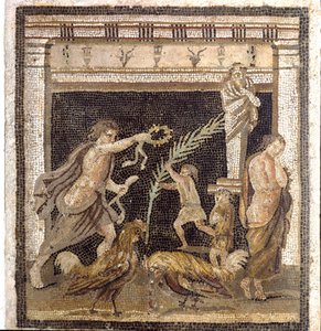 Romersk kunst: hanekamp i en palestra i nærvær av personifikasjonene av nederlag og seier. Mosaikk fra Villa du Labyrinth i Pompei. 2. stil. Dim. 46x42 cm Museo Archeologico Nazionale, Napoli av Roman
