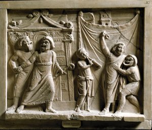 Romersk kunst: komedieteaterscene (komedie) av stykket "Andria" av Terence (Publius Terentius Afer) (185-159 f.Kr.), relieff fra Pompei - Museo Archeologico Nazionale Napoli - Scene for den greske komedien Andria, av Terence (Publius Terentius Afer) (195/1 av Roman