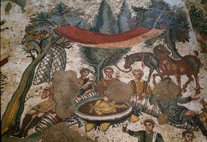 Romersk kunst: detalj av mosaikken "" Den lille jaktdelen"" Jegere hviler og spiser lunsj i en skog. 315-350 e.Kr. Piazza Armerina, Villa Romana del Casale av Roman