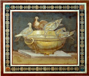 Romersk kunst: fire duer som drikker en fontene. Mosaikk kommer fra Villa Adriana (Villa d