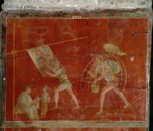 Romersk kunst: "" fullonica""" eller tråkke"" scene som representerer rengjøring av klær. Freske fra villaen Fullonica stephani (La fullonica de Stephanus) i Pompei, som ble brukt som vaskehus og farging. Maleri fra det 1. århundre e.Kr. Napoli, Museo av Roman