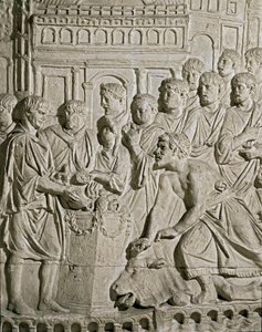 Romersk kunst: lavrelieff som representerer Sarmat-borgere som hyller romerne. Fra relieffene av kolonnen til Marc-Aurele (Marx Aurele). 2. århundre e.Kr. Roma, Museo della Civilta Romana av Roman