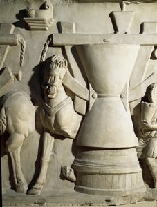 Romersk kunst: lavrelieff som representerer et kvernhjul. 1. århundre e.Kr. Roma Museo della Civilta Romana av Roman