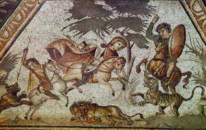 Romersk kunst: mosaikk av årstidene fra gårdsplassen til den konstantinske villaen til "" Daphne"". Detalj som viser en scene med løve- og tigerjakt. Fra Faubourg i Antiokia-på-Oronte (dagens Antaky i Syria). 325-330 e.Kr. Søn 8x8 m Par av Roman