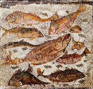 Romersk kunst: mosaikk som representerer fisk. 1. eller 2. århundre e.Kr. Fra Villa dei Settimii på Via Cassia. Roma, Museo Nazionale Romano -romersk kunst: mosaikk som viser fisk. 1. eller 2. århundre e.Kr. Fra Villa dei Settimii, Via Cassia. Nasjonalt ro av Roman