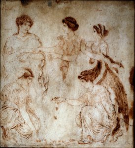 Romersk kunst: "" osselet-spillerne"" De spilles av Niobe og fire av døtrene hans. Monokrom på marmor fra Herculaneum (Ercolano) 1. århundre e.Kr. Dim. 42x49 cm Museo Archeologico Nazionale, Napoli av Roman
