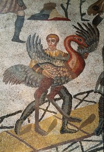 Romersk kunst: transport av struts på skip sendes til Roma. Detalj av mosaikk av "" Det lille jaktlaget"" 315-350 e.Kr. Piazza Armerina, Villa Romana del Casale av Roman