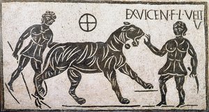 Romersk kunst: "" to kvinner som temmer en tiger""" Mosaikk fra Castro pretorio i Roma. 1. århundre e.Kr. Roma, Museo Nazionale Romano av Roman