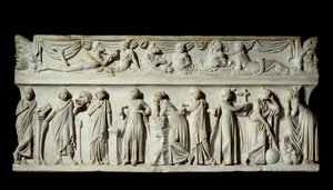 Sarcophagus des Muses: representasjon av muses deesses of arts and letters. Marmor skulptur. 150 e.Kr. Paris, Louvre-museet. av Roman