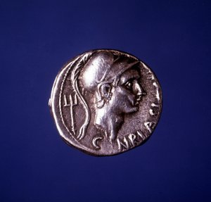 Sølvmynt med bildet av Scipio den afrikanske (235 f.Kr. - 183 f.Kr.). av Roman