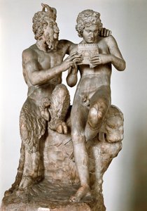 Statuetten av guden Pan som lærer fløyten har sin eromene, hyrden Daphnis 1. århundre f.Kr. Romersk marmorskulptur etter en gresk original. Nasjonalt arkeologisk museum i Napoli - Pan og Daphnis (eller Olympus). Romersk kopi etter en hellenistisk skulptur av Roman