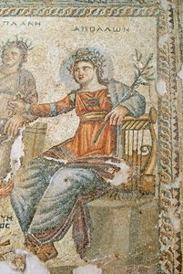 Apollo og Marsyas mosaikk, detalj av Plinius og Apollo, House of Aion, Paphos, Kypros mosaikk av Roman