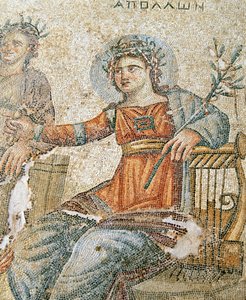 Apollo og Marsyas mosaikk, detalj av Plinius og Apollo, House of Aion, Paphos, Kypros mosaikk av Roman