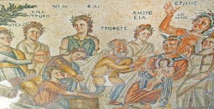 Presentasjonen av babyen Dionysos av Hermes til Silenus. House of Aion, Pafos, Kypros (mosaikk) av Roman