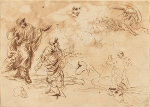 Studier for en bibelsk scene med Gud Faderen som viser seg for en skjeggete mannsfigur av Roman 17th Century