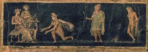 Den musikalske konkurransen mellom Apollo og Marsyas, 1. århundre f.Kr. AD. av Roman Pompeian wall painting.