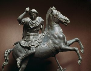 Alexander den store (356-323 f.Kr.) på hest. Hesten skulle være Bucephale. Bronseskulptur etter en original av Lysippe av Sicyone (395-305 f.Kr.) Napoli, Museo Archeologico Nazionale