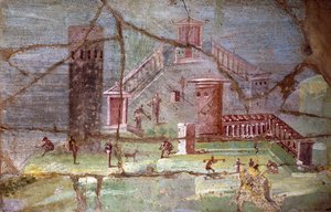 Gammel romersk freskomaleri med landskap fra Pompeii av Roman Roman