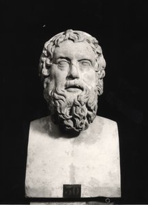 Byste av Aristofanes (ca. 445-c.385 f.Kr.) (marmor) (s/hvitt-bilde) av Roman Roman