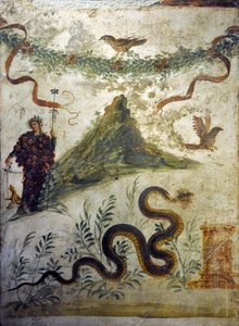 Dionysos vetu av drueklaser som står foran Vesuve-fjellet - Fresco fra Pompei, casa diel centenario (centenarios hus) - Napoli, Nasjonalt arkeologisk museum av Roman Roman