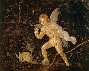 Freske som viser Amor som jakter på en hare fra Pompeii, Napoli-provinsen, Italia, romersk sivilisasjon av Roman Roman