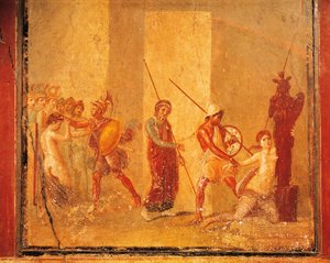 Freske som viser møte mellom Priam, Menelaos og Helen i det kongelige palasset, Pompeii, Campania, den romerske sivilisasjonen av Roman Roman