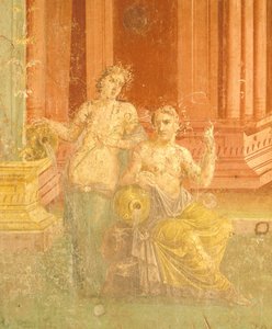 Fresco i fjerde pompeiiansk stil på rød bakgrunn, House of Pinario Ceriale, Pompeii, Campania, romersk sivilisasjon av Roman Roman