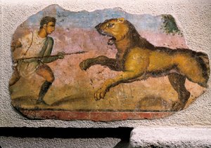 Gladiator som kjemper mot en løve (fresco) av Roman Roman