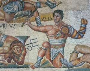 Mosaikk som viser en scene med kamp mot gladiatorer, detalj av en triumferende gladiator av Roman Roman