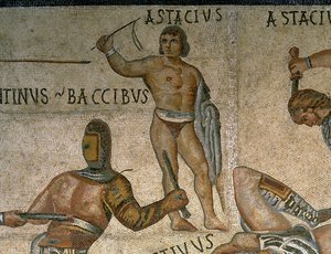 Mosaikk med en scene med kamp mot gladiatorer, detalj av en gladiator kledd i rustning av Roman Roman