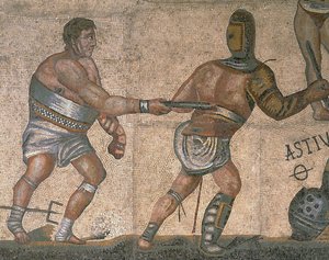 Mosaikk med en scene med kamp mot gladiatorer, detalj av en gladiator kledd i rustning av Roman Roman