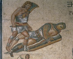 Mosaikk med en scene med kamp mot gladiatorer, detalj av en gladiator kledd i rustning av Roman Roman