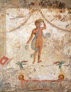 Maleri i den fjerde pompeianske stilen som viser et geni med en kurv og situla av Roman Roman