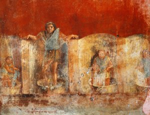 Søylefreskomaleri som viser ullproduksjon, fra Pompei, Fullonica fra Veranio Ipseo av Roman Roman