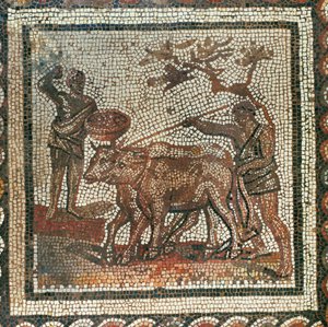 Pløying og såing. Mosaikk (mosaikk) av Roman Roman