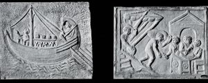 Relieff som viser et handelsskip (Museo Nazionale, Roma) og relieff som viser lossing av et skip (Museo Torlonia, Roma) 3. eller 4. århundre (stein) (s/hv foto) av Roman Roman