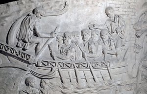 Romersk kunst: "" Romerske soldater på en bysse på Donau under den første krigen i Dacia"" Form fra 1862 som gjengir basrelieffene av søylen til Trajan (søylen Trajane) (Colonna Traiana) i Roma bygget under keiserens regjeringstid Trajan (53-117). Trajaen av Roman Roman