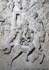 Romersk kunst: "" en numid rytter som rir trodde"" Form fra 1862 som gjengir basrelieffene til søylen til Trajan (søylen Trajane) (Colonna Traiana) i Roma bygget under keiser Trajans regjeringstid (53-117). Trajane-søylen minnes det seirende kammen av Roman Roman