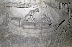 Romersk kunst: "" båt laster proviant på Donau under den første krigen i Dacia"" Form fra 1862 som gjengir basrelieffene av søylen til Trajan (søylen Trajane) (Colonna Traiana) i Roma bygget under keiser Trajans regjeringstid ( 53-117). Trajane co av Roman Roman