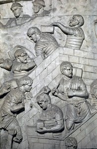 Romersk kunst: "" bygging av et fort i det romerske leirstedet"" Form fra 1862 som gjengir basrelieffene til søylen til Trajan (søylen Trajane) (Colonna Traiana) i Roma bygget under keiser Trajans regjeringstid (53-117) . Trajane-søylen minnes t av Roman Roman
