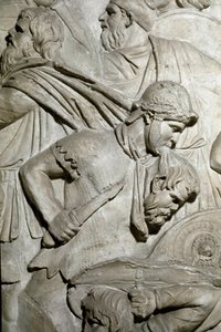 Romersk kunst: "" Romersk kriger som holder hodet til en fiendtlig kriger mellom tennene"" Form fra 1862 som gjengir basrelieffene til søylen til Trajan (søylen Trajane) (Colonna Traiana) i Roma bygget under keiser Trajans regjeringstid ( 53-117). Trajanen av Roman Roman
