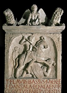 Romersk kunst: begravelsesstele til aristokraten og den romerske politikeren Flavius Bassus Herculanus (kjent rundt 449-452) 500-tallet e.Kr. Roma, Museo della Civilta Romana av Roman Roman